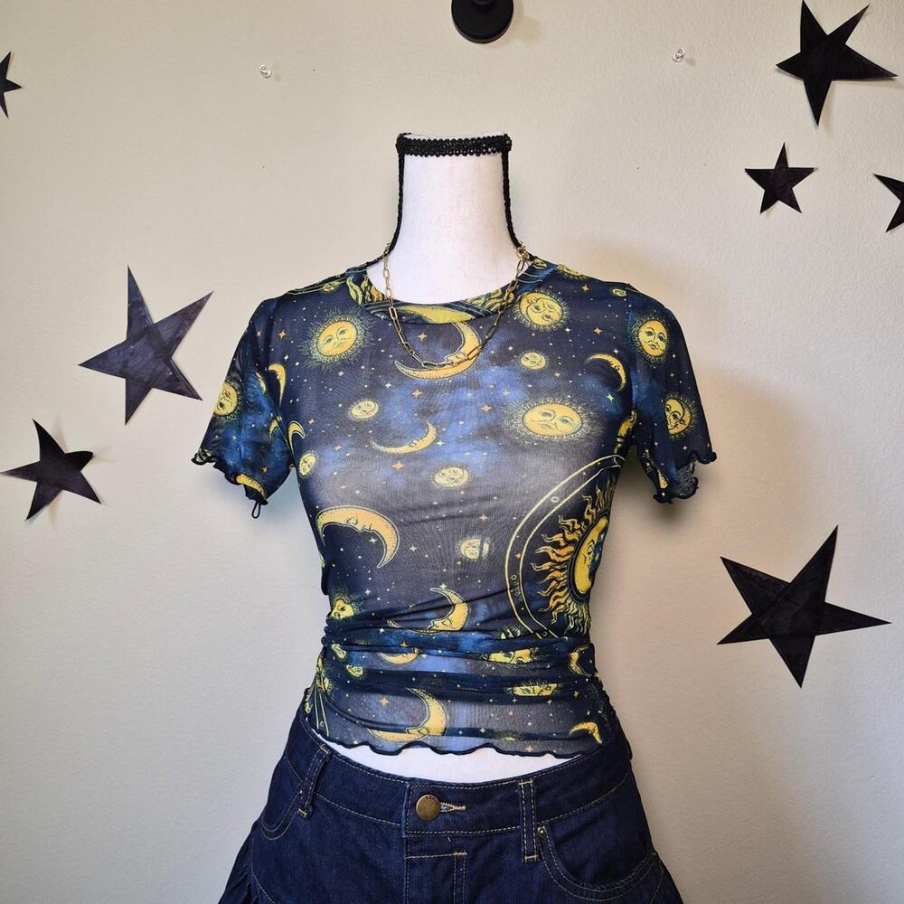 Forever 21 Celestial Sheer Mesh Top Whimsigoth Witchy Y2K Lettuce Hem 90s Small